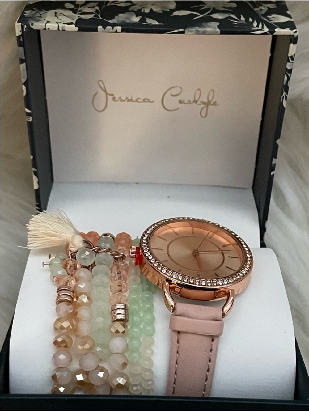 Jessica Carlyle Rose Gold Pink Strap Watch w/Pastel Beaded Bracelet Set NIB - Picture 2 of 6